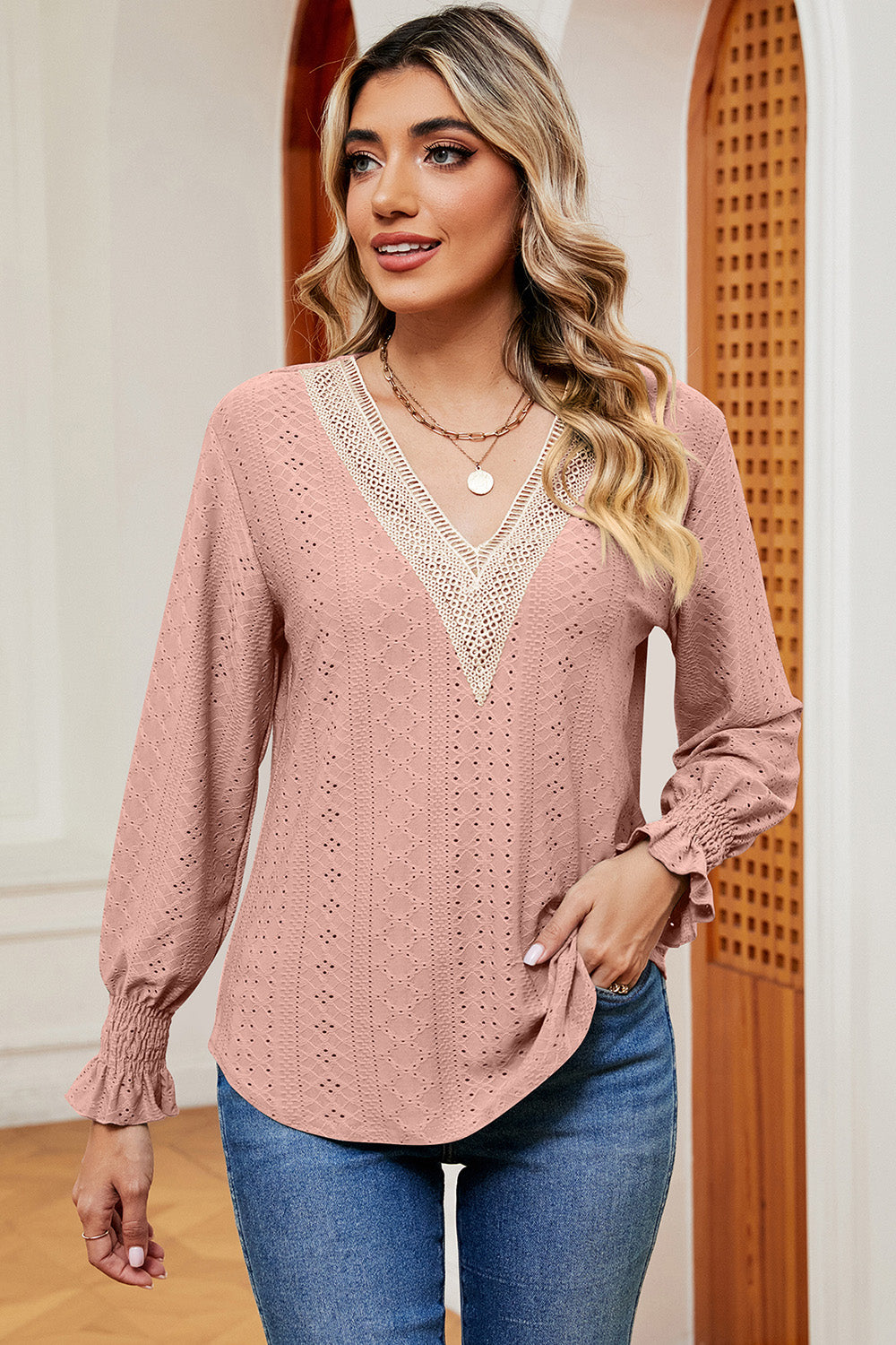 Eyelet V-Neck Flounce Sleeve T-Shirt