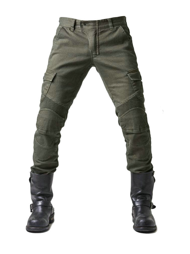 Army green denim jeans with locomotive pad