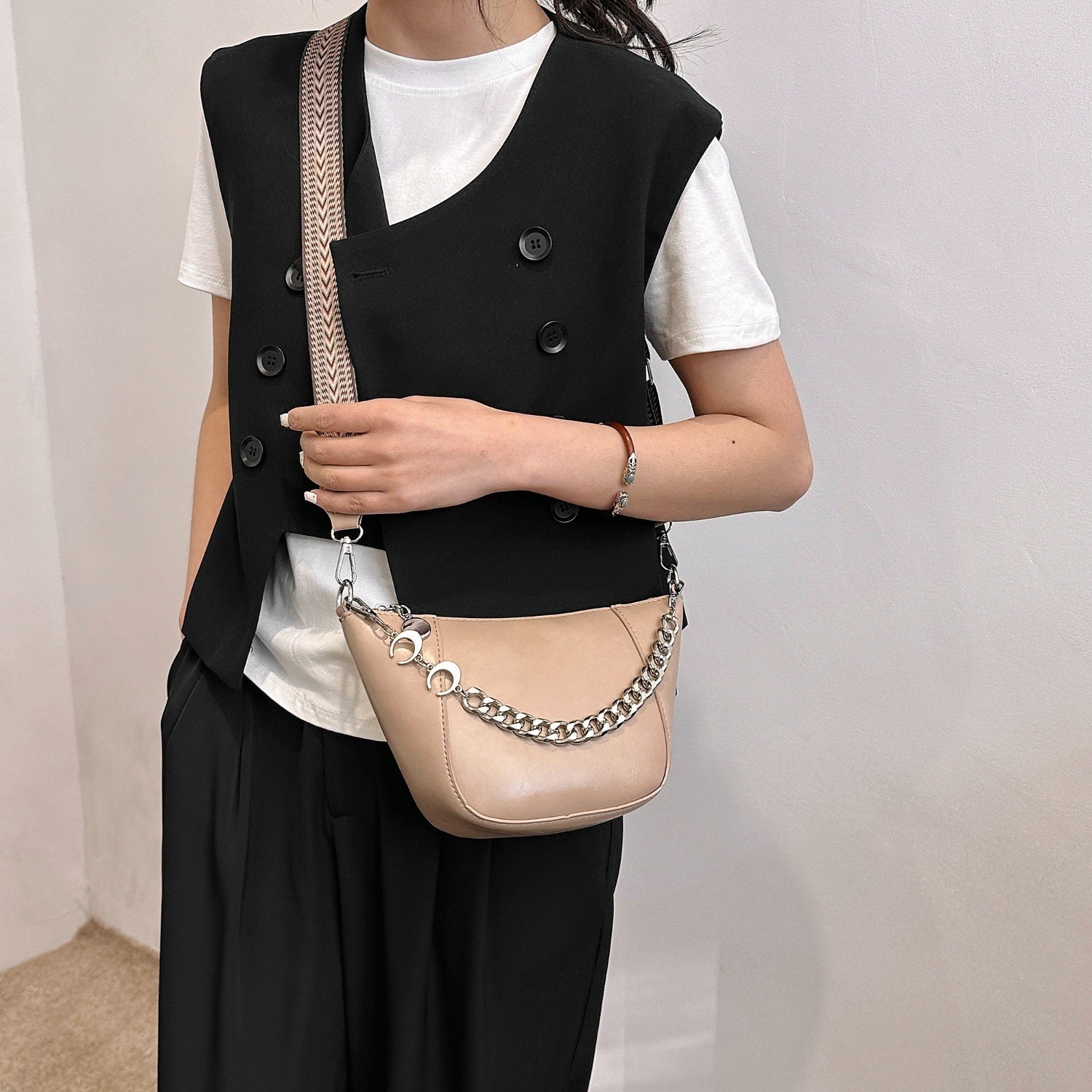 PU Leather Chain Trim Crossbody Bag 