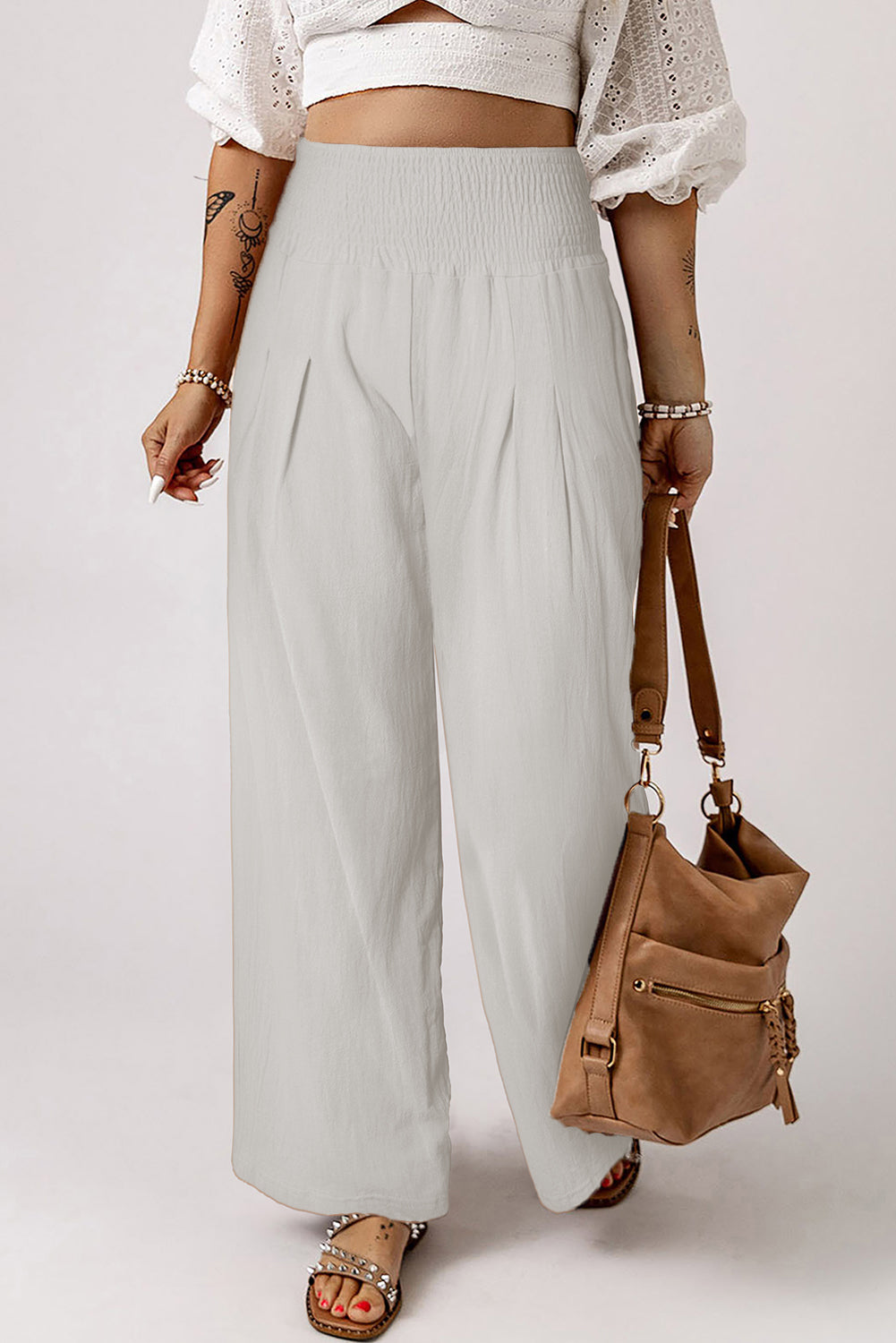 Smocked High Waist Wide Leg Pants - Babbazon