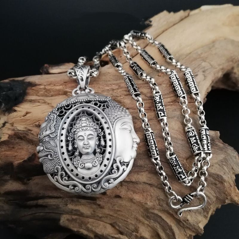 Pure Silver S999 Men's Buddha Magic A Flash Of Thought Hollow Pendant