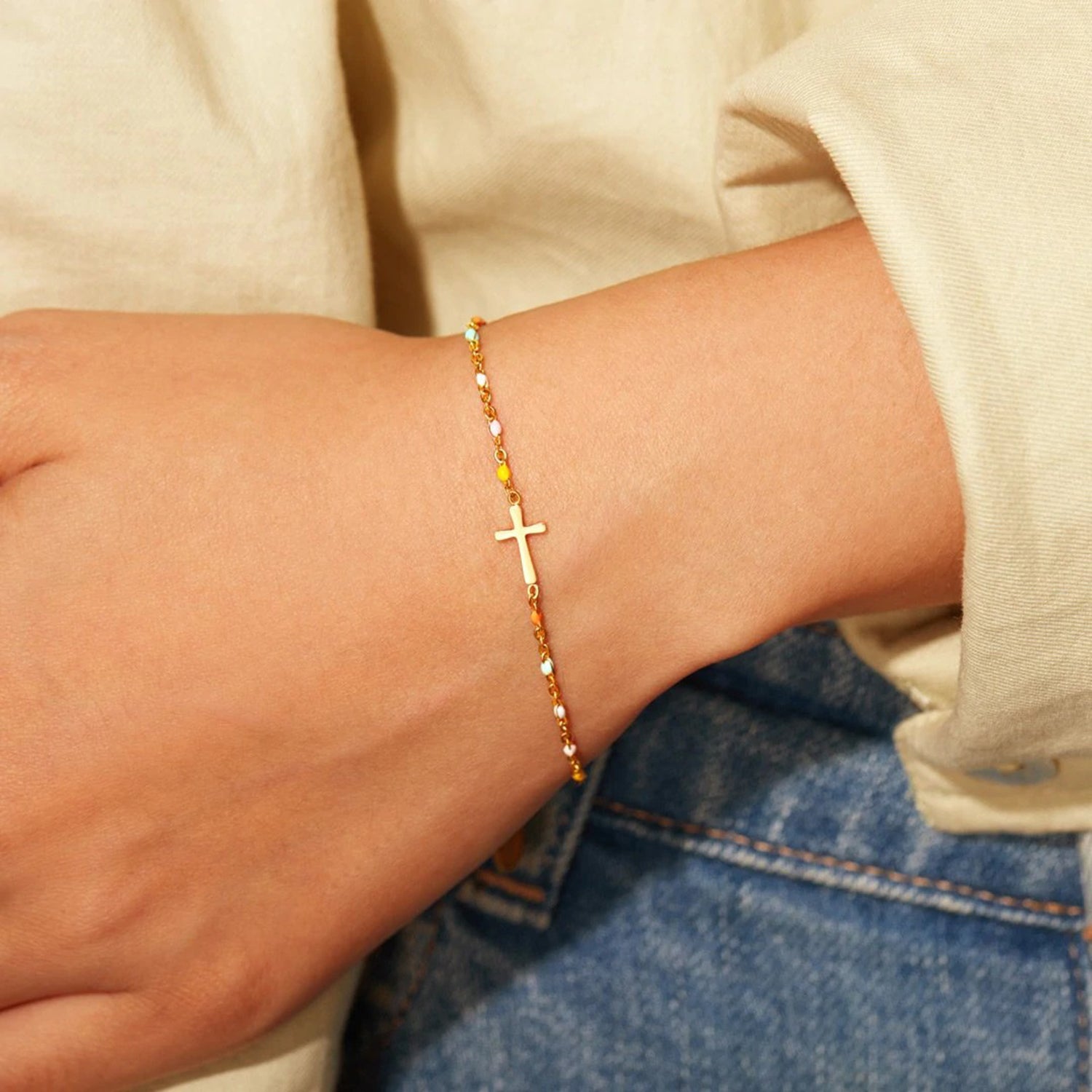 18K Gold-Plated Cross Bead Bracelet 