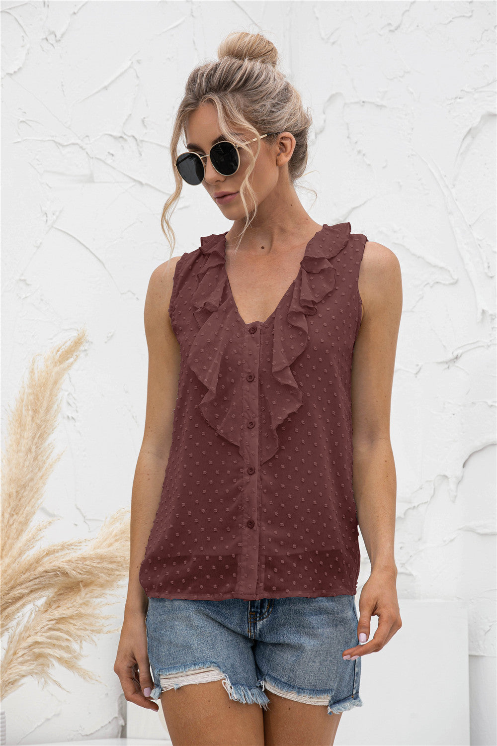 Swiss Dot Ruffled Wide Strap Tank 