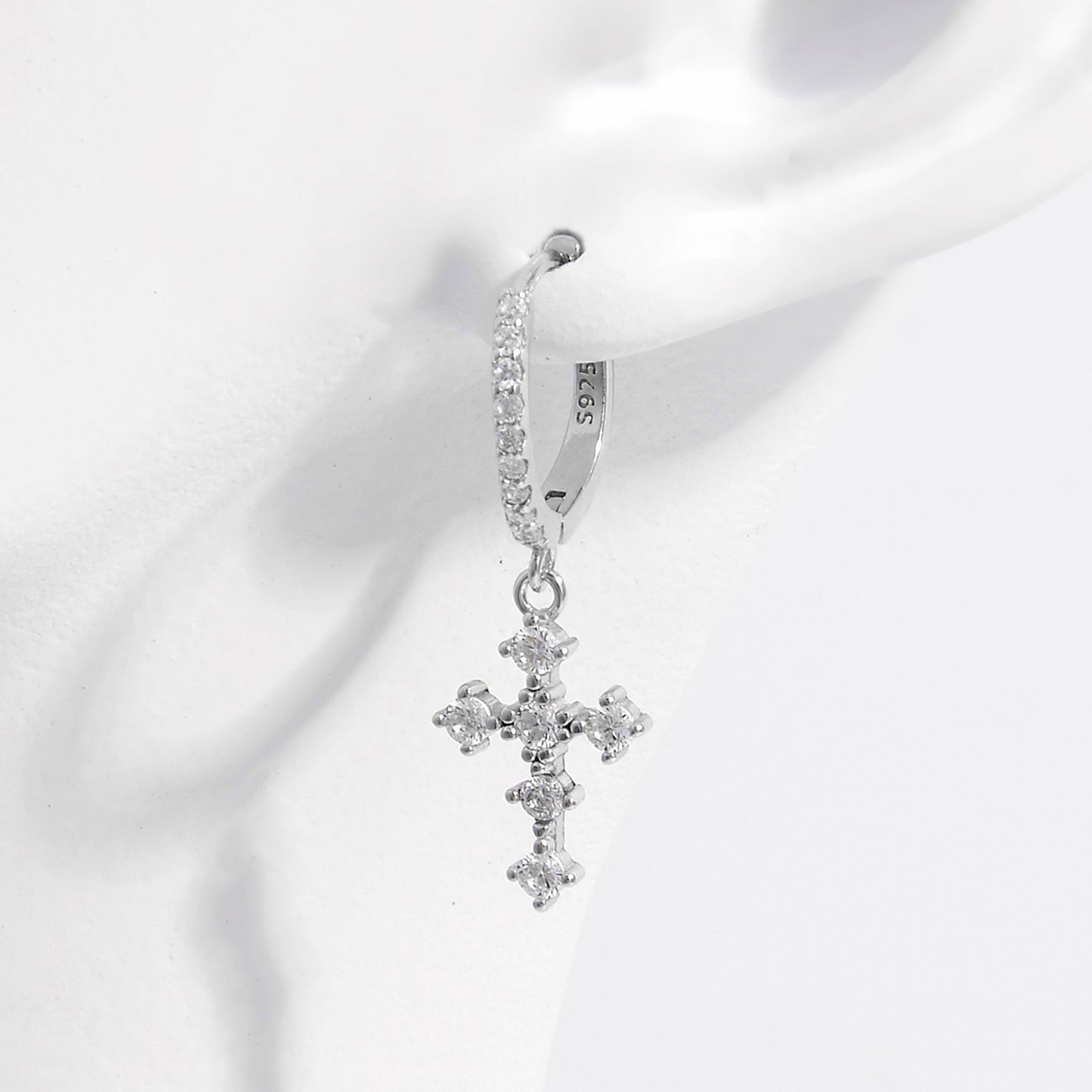 925 Sterling Silver Inlaid Zircon Cross Dangle Earrings 