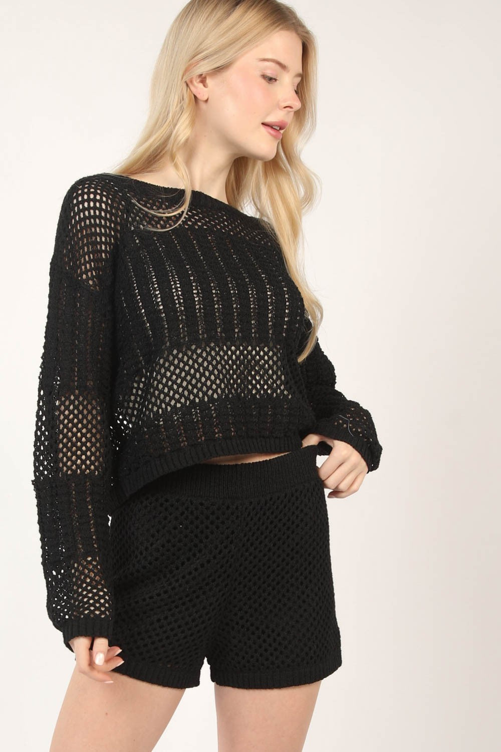 VERY J Openwork Cropped Cover Up and Shorts Set 