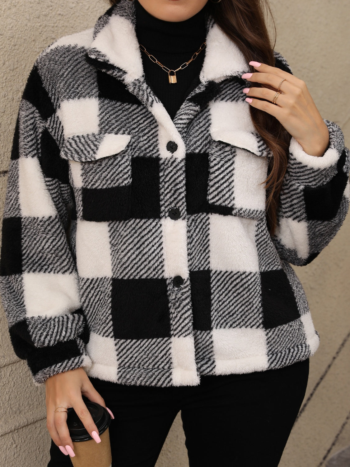 Plus Size Pocketed Plaid Collared Neck Jacket