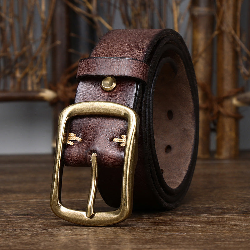 Men's Cowhide Vintage Distressed Pleated Brass Buckle Belt 