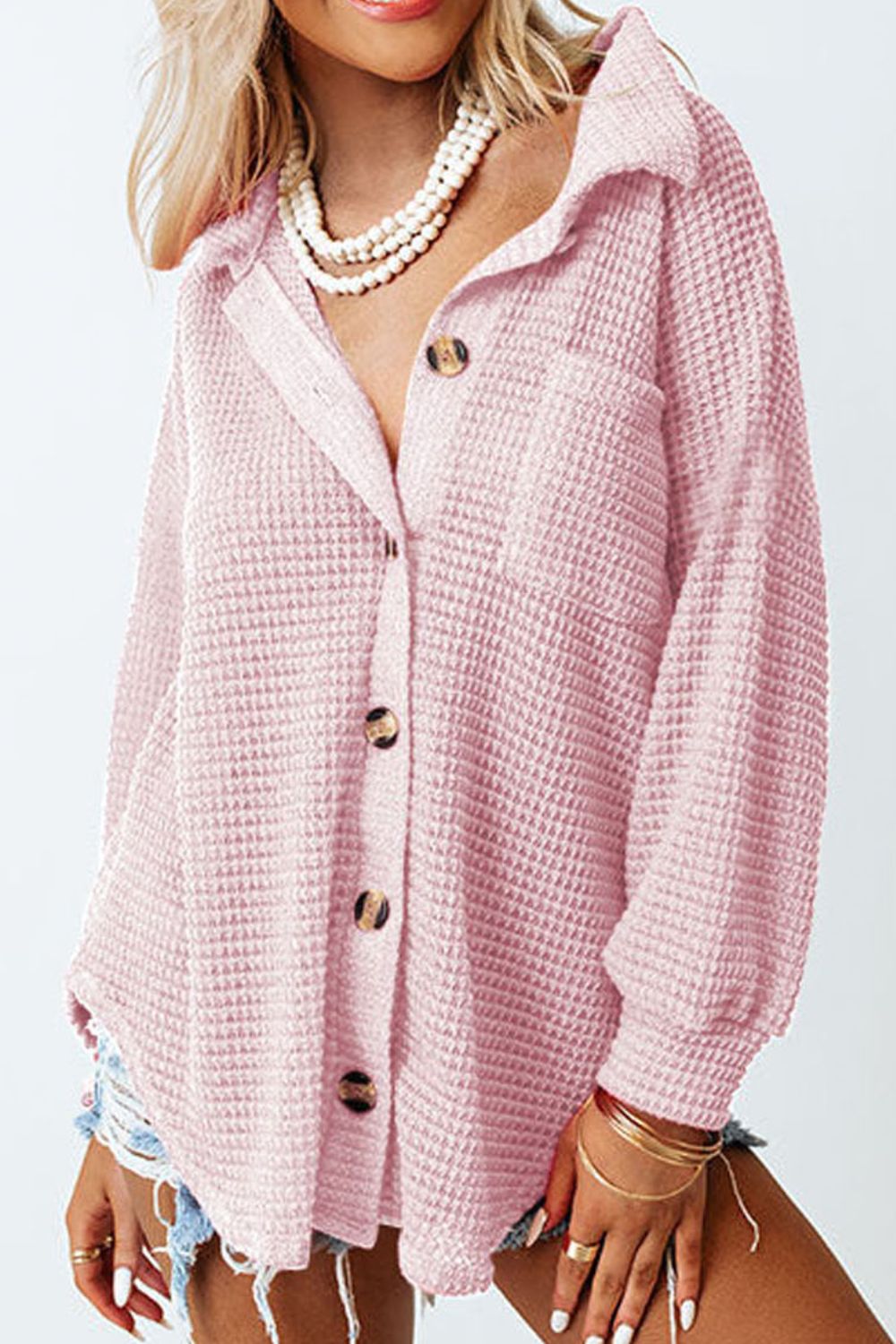 Waffle-Knit Button Up Long Sleeve Shirt with Pocket - Babbazon Tops