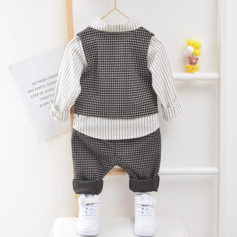 Autumn Children's Long-sleeved Houndstooth Striped Shirt Vest Three-piece Set