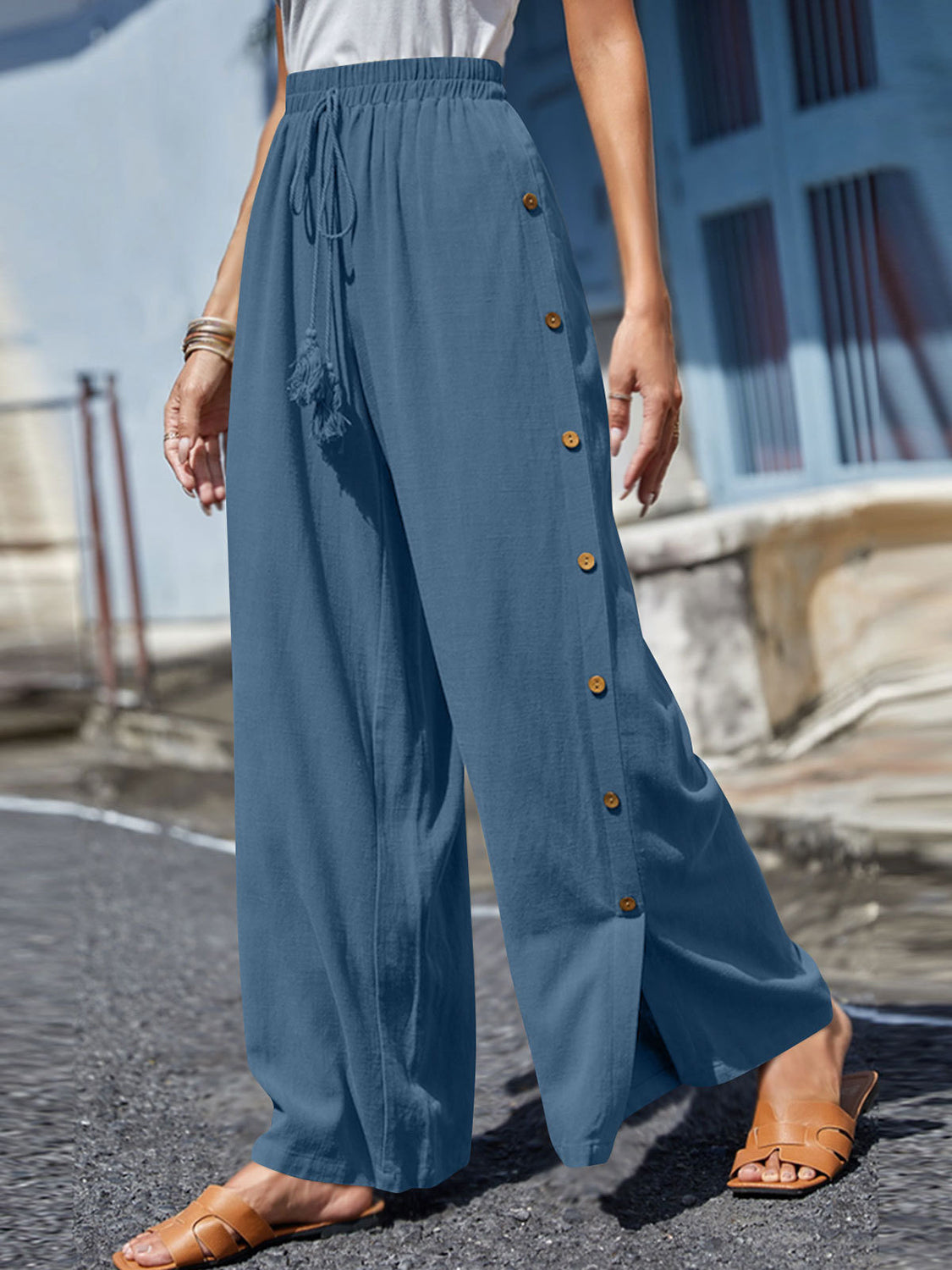 Full Size Tassel Wide Leg Pants - Babbazon GREEN CLOTHING