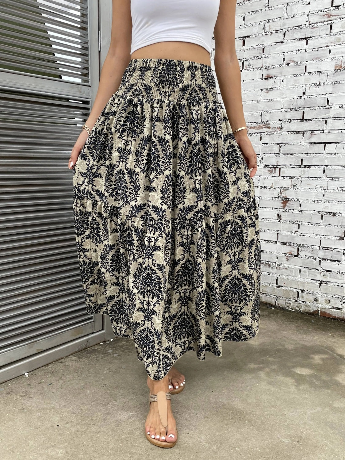 Printed Elastic Waist Maxi Skirt - Babbazon new