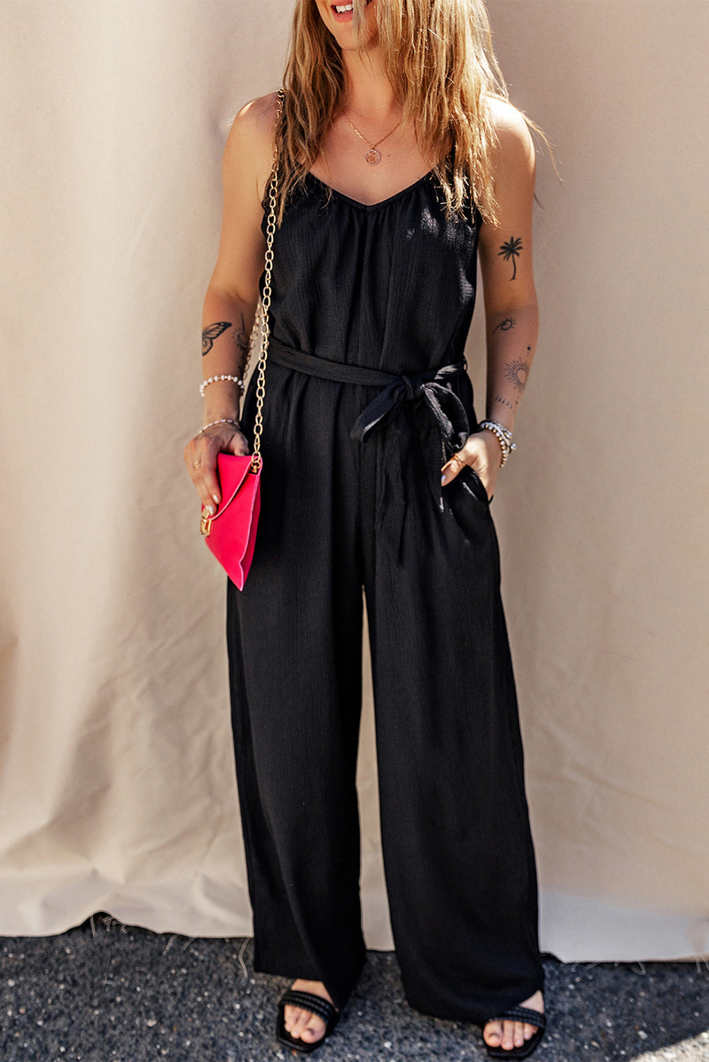 Tied V-Neck Spaghetti Strap Jumpsuit - Babbazon New Products