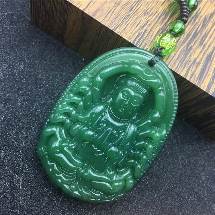 New Retro Jade-like Guanyin Buddha Pendant Emerald Dragon Sweater Chain Necklace