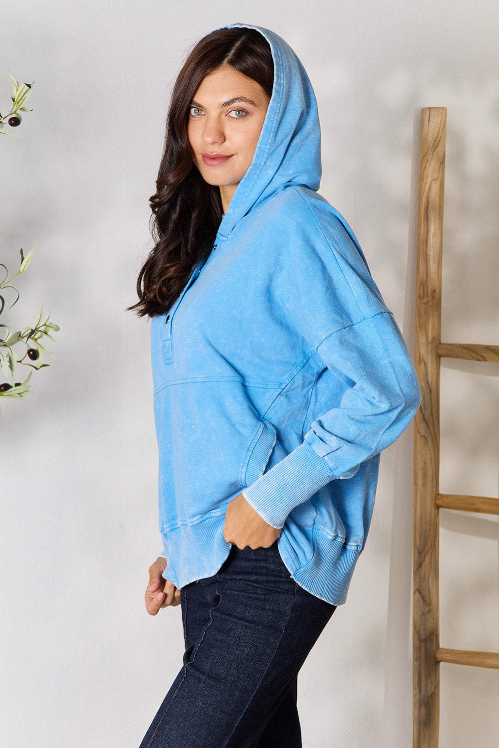 Zenana Half Snap Long Sleeve Hoodie with Pockets 