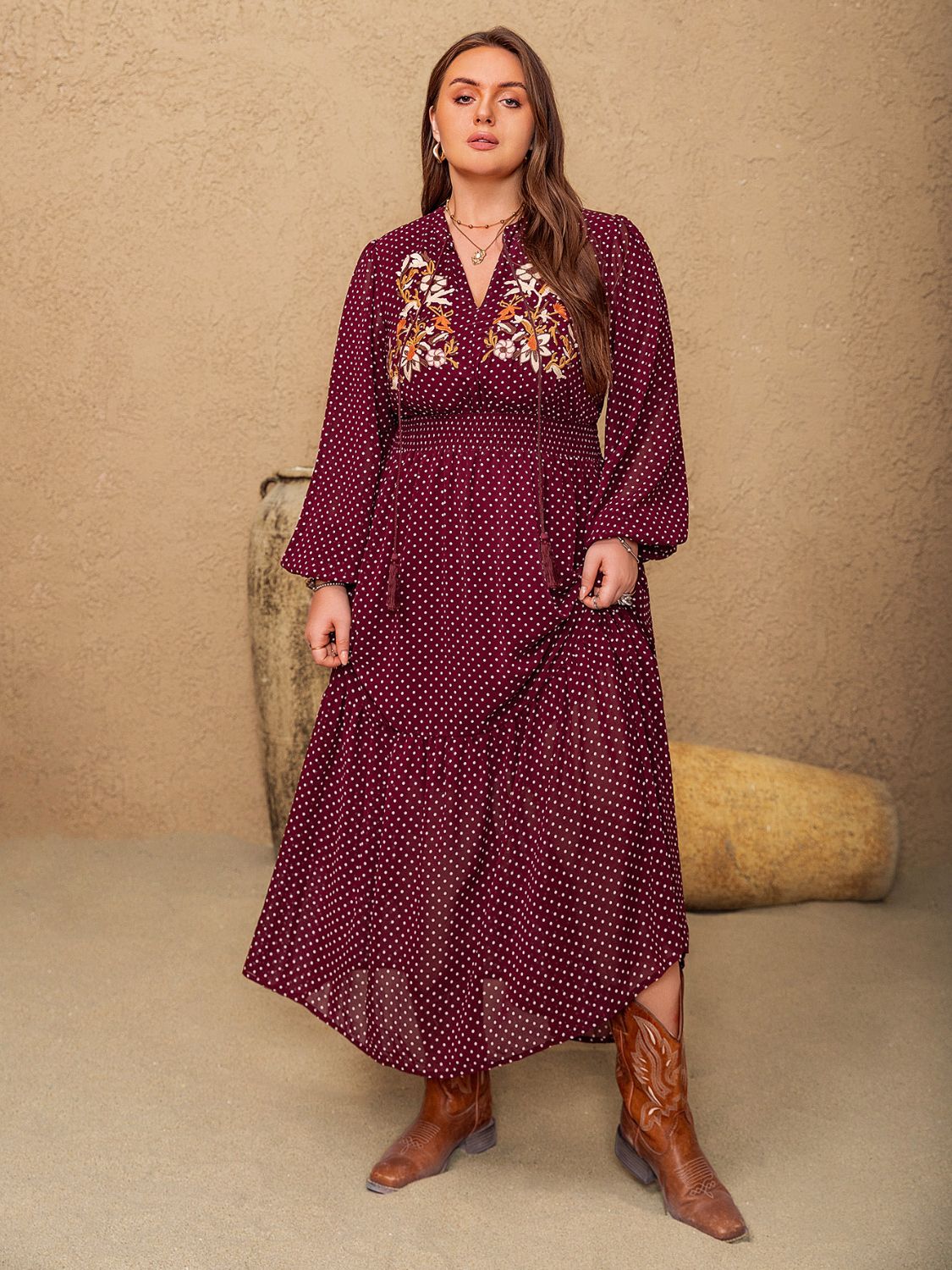 Plus Size Embroidered Polka Dot Tie Neck Long Sleeve Midi Dress