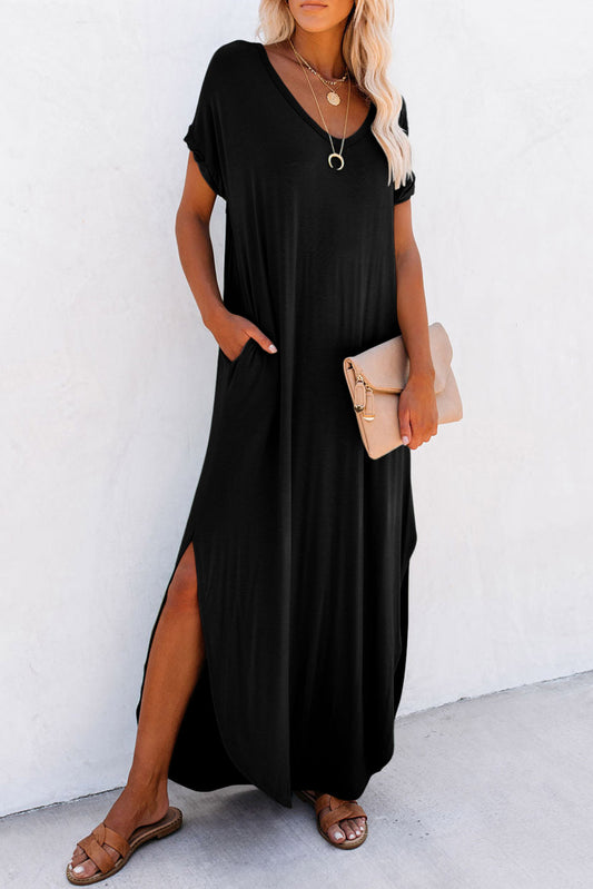 Black Solid Color Hidden Pocket V Neck Slit Maxi Dress - Babbazon Maxi Dresses