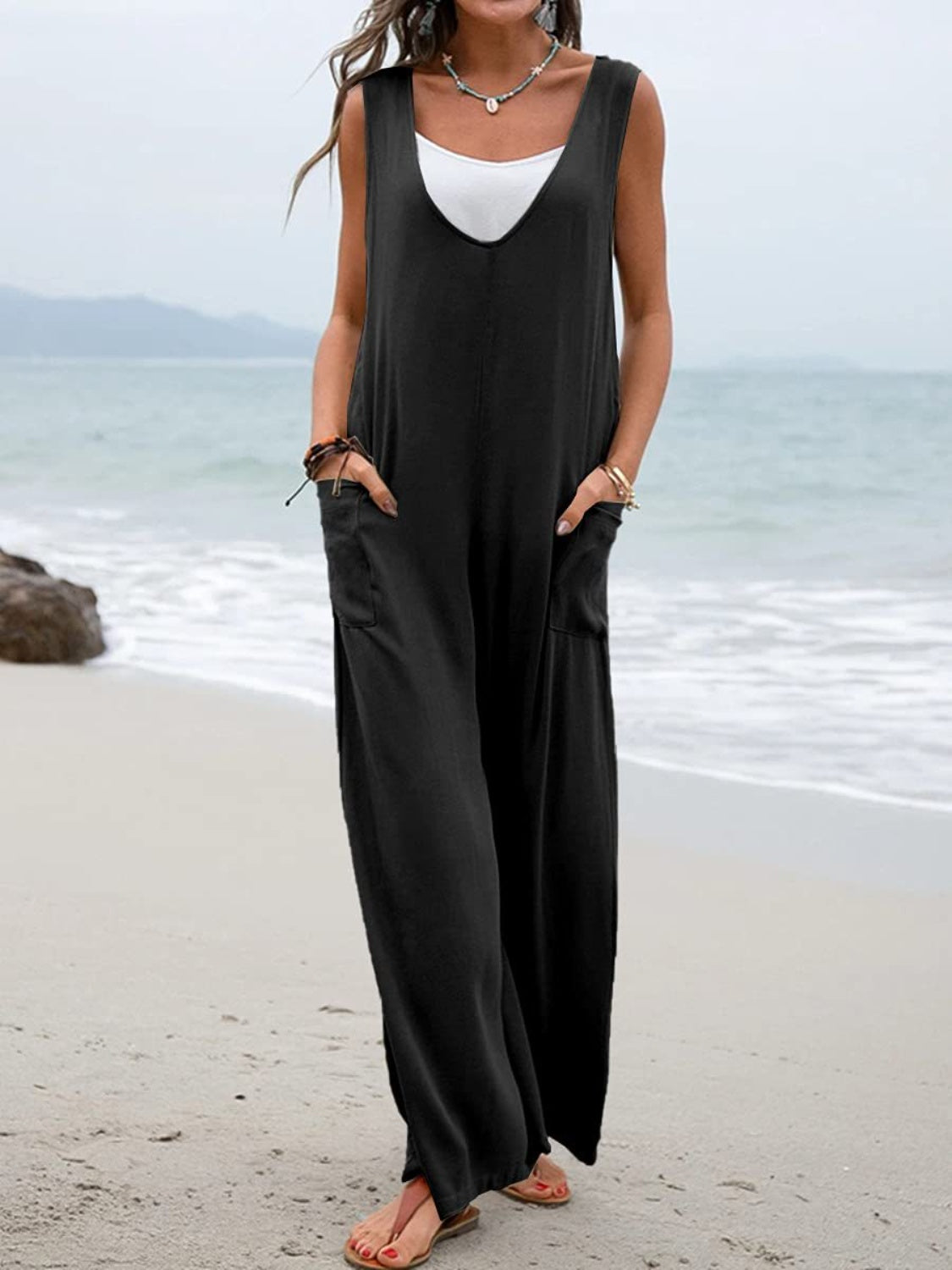 Full Size Wide Strap Jumpsuit with Pockets - Babbazon new