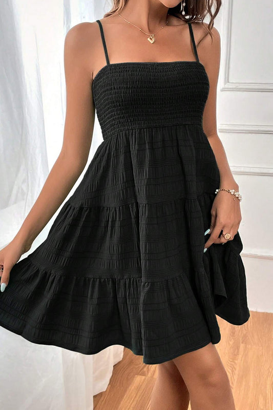 Black Smocked Textured Tiered Skater Cami Dress - Babbazon Short Dresses