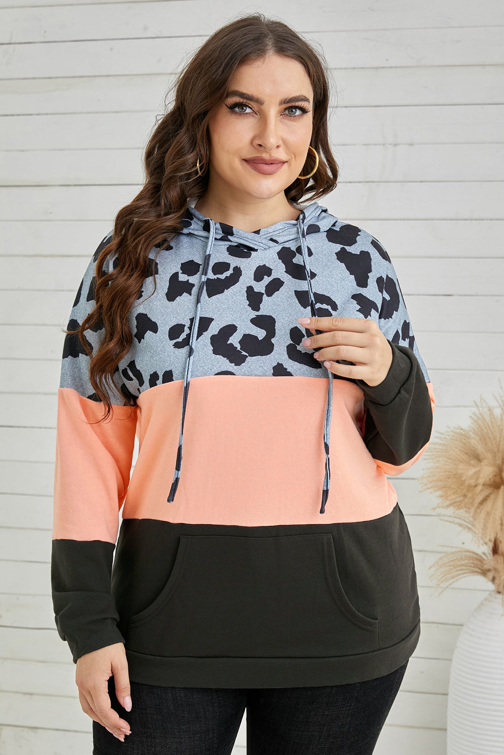 Pink Leopard Splicing Colorblock Pocket Plus Size Hoodie - Babbazon Plus Size Tops