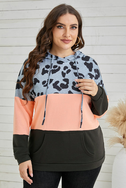 Pink Leopard Splicing Colorblock Pocket Plus Size Hoodie - Babbazon Plus Size Tops