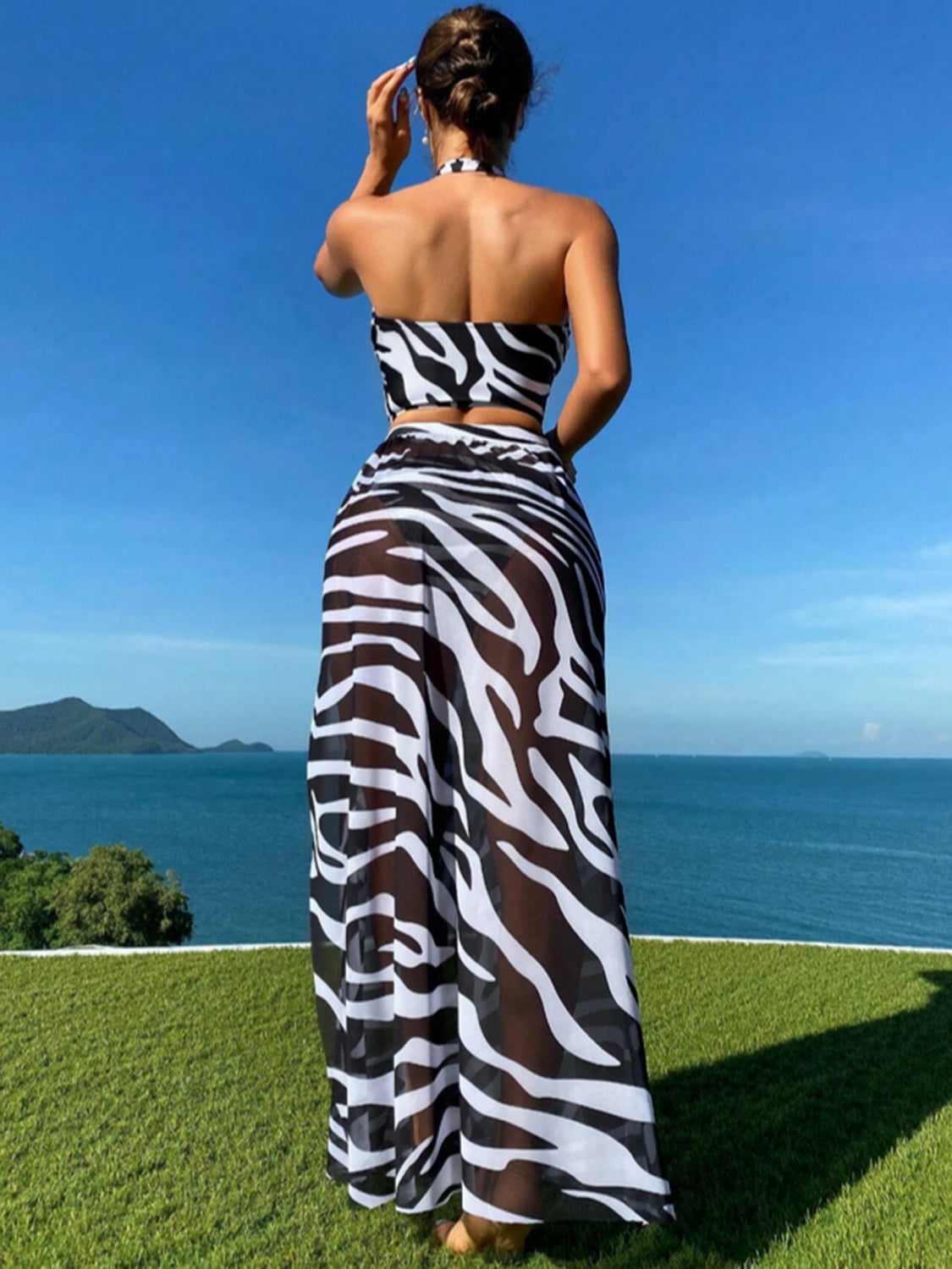 Printed Halter Neck Three-Piece Swim Set 