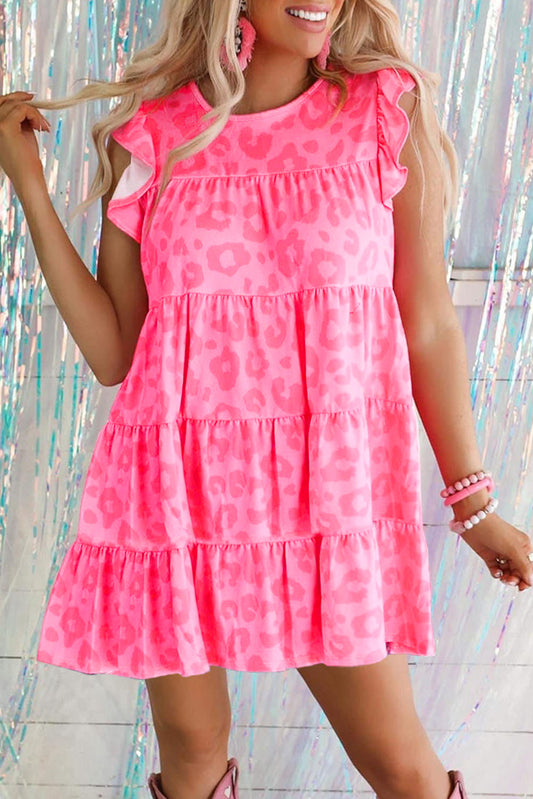 Pink Leopard Round Neck Ruffle Tiered Mini Dress - Babbazon Short Dresses