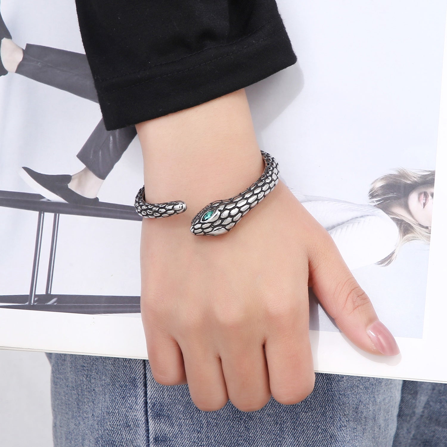 Rhinestone Stainless Steel Snake Shape Bracelet 