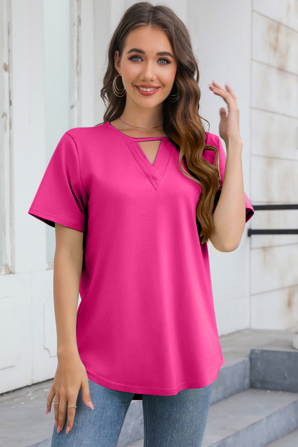 Cutout V-Neck Short Sleeve T-Shirt - Babbazon New Products