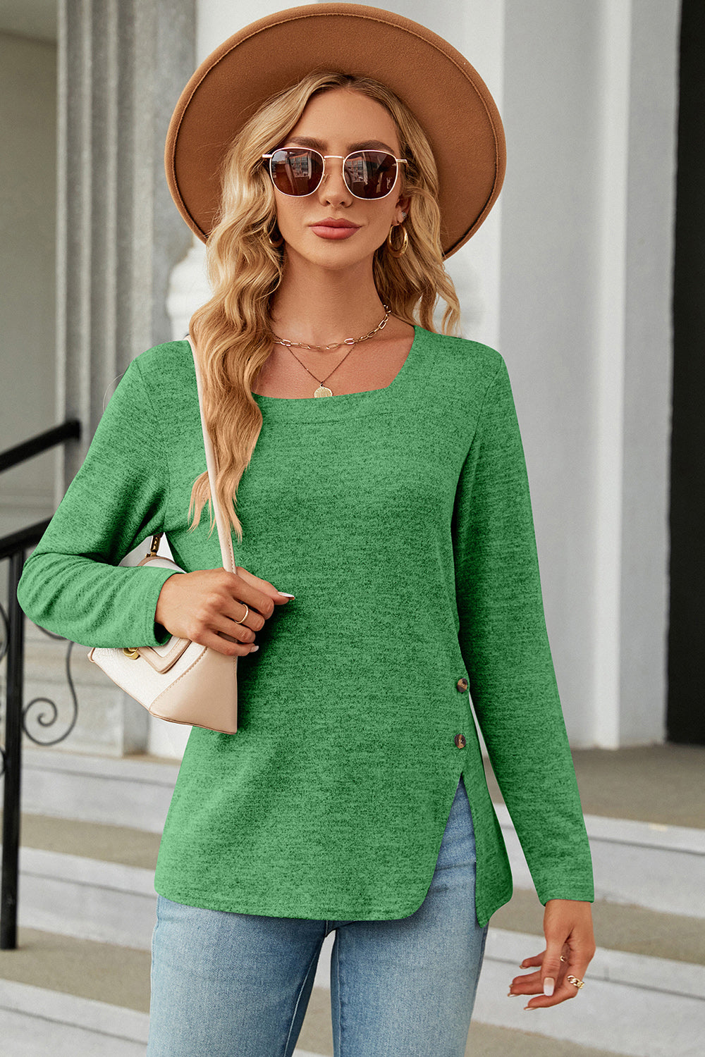 Slit Decorative Button Square Neck T-Shirt