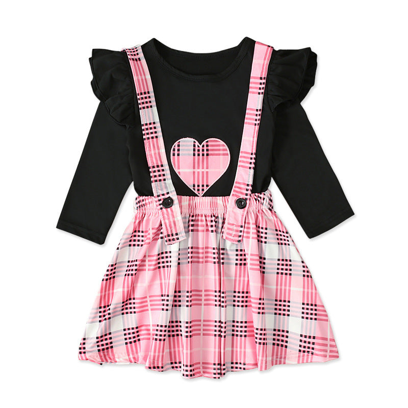 Love Long-sleeved Blouse Plaid Suspender Skirt Two-piece Children's Wear