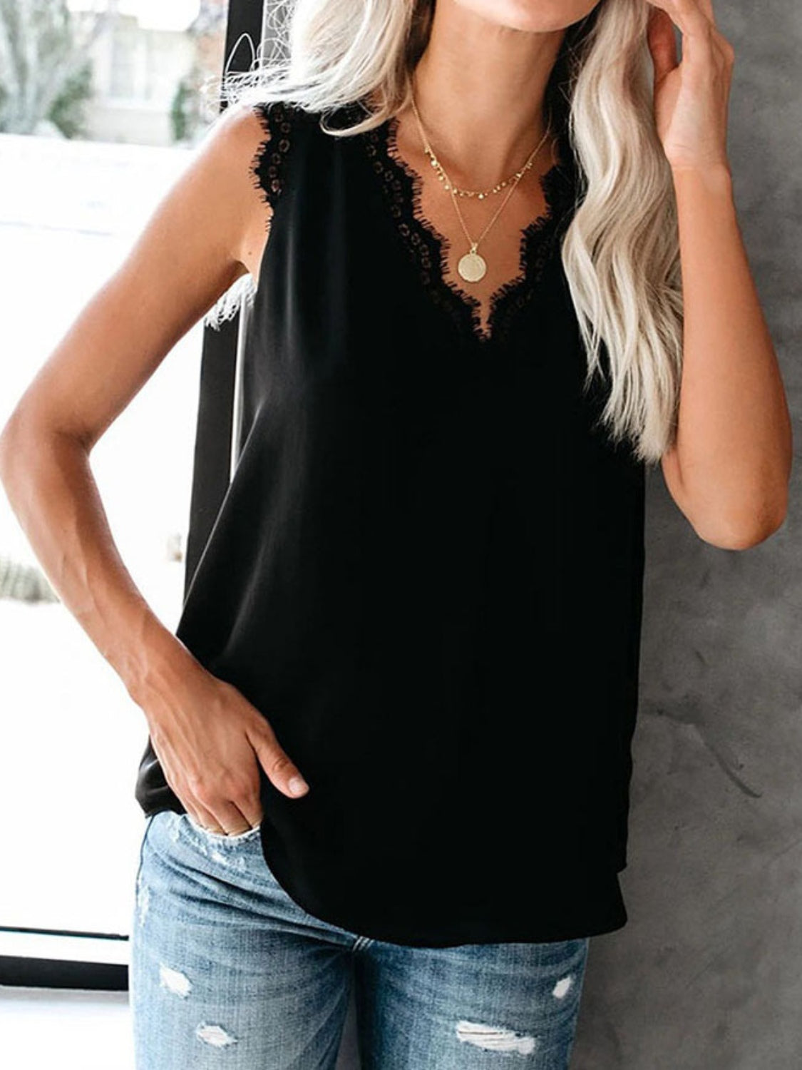 Lace Detail V-Neck Tank - Babbazon New Products