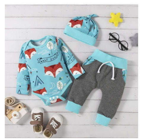 European And American Baby Printed Romper Pants Three-piece Suit