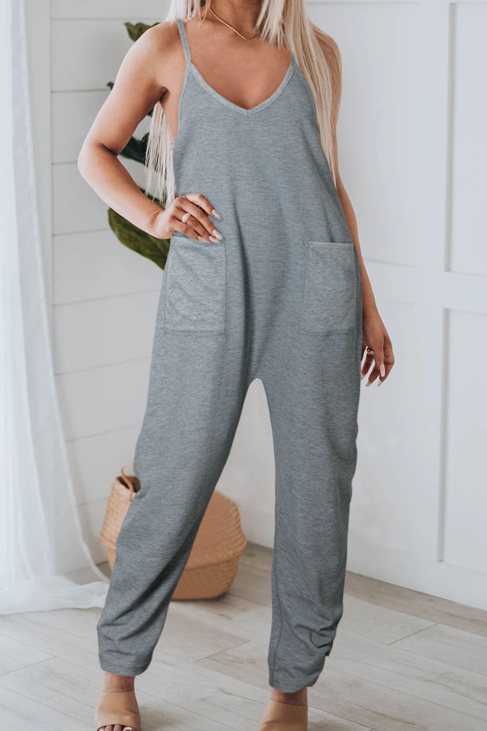 Pocketed V-Neck Spaghetti Strap Jumpsuit - Babbazon New Products