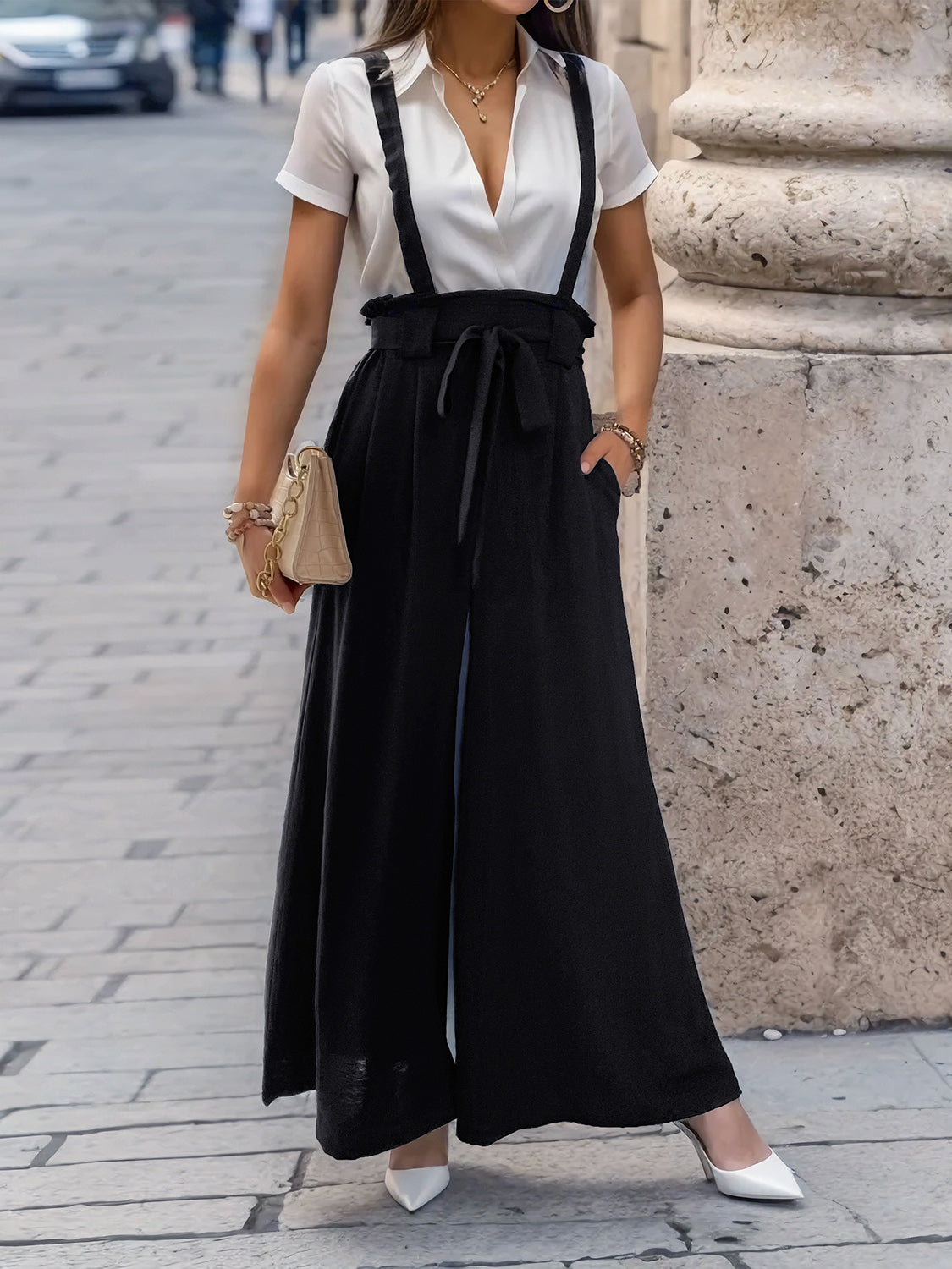 Tied Wide Leg Pants with Shoulder Straps 