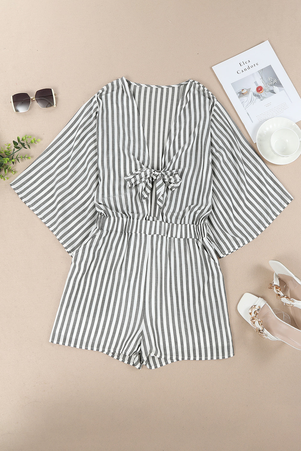 Tied Striped Three-Quarter Sleeve Romper - Babbazon New Products