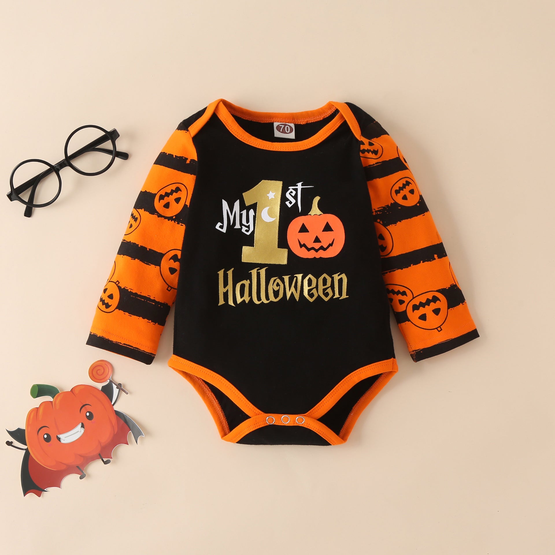 Halloween Pumpkin Print Long Sleeve Romper Set Of Three