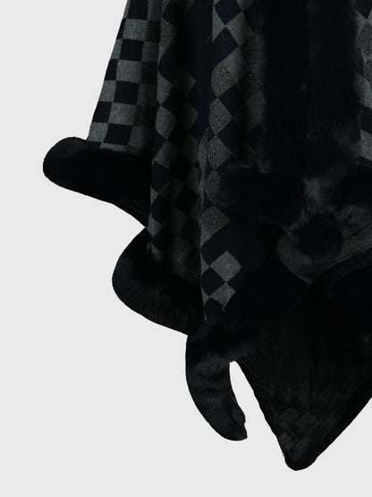 Checkered Faux Fur Trim Poncho 