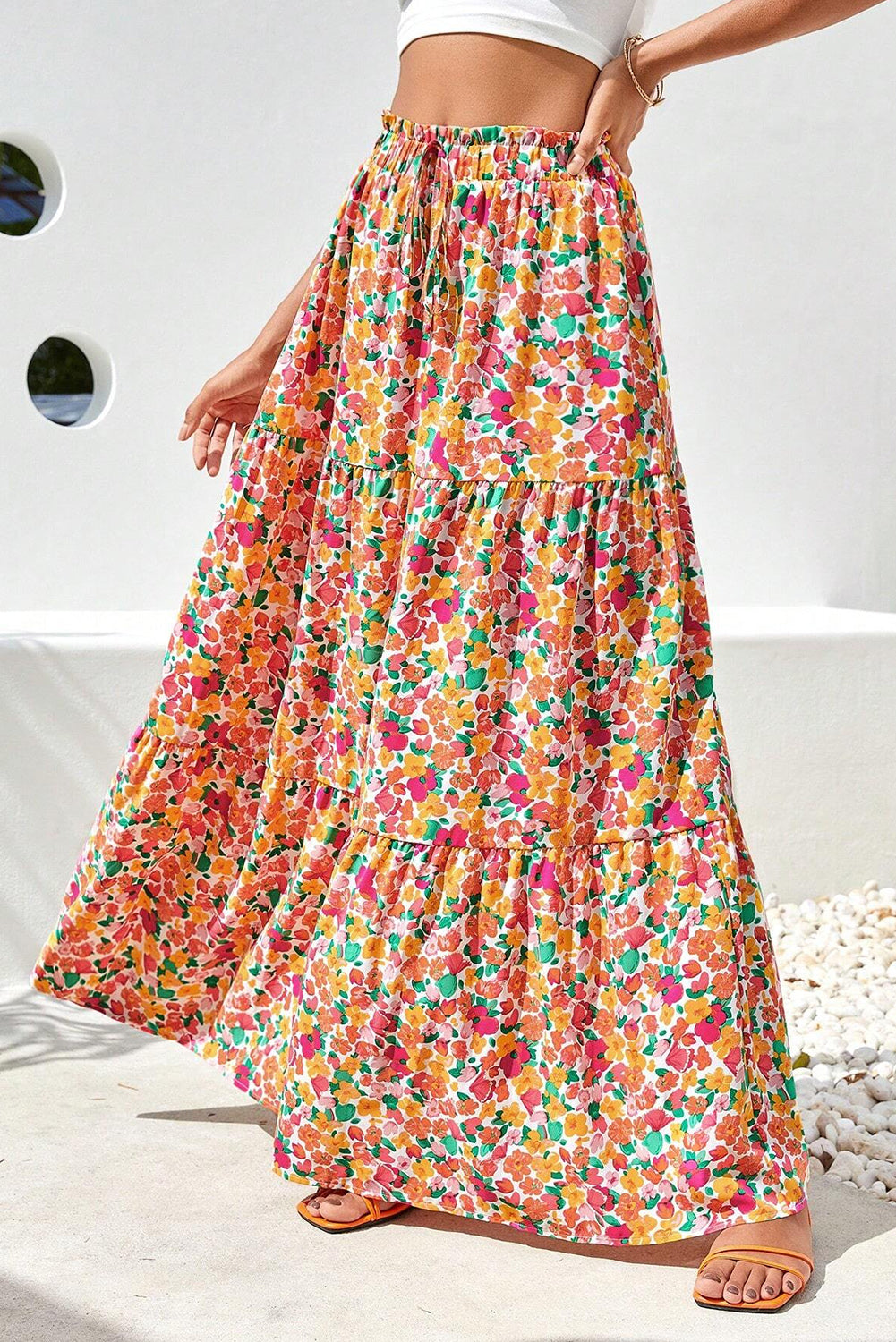 Printed Elastic Waist Maxi Skirt 