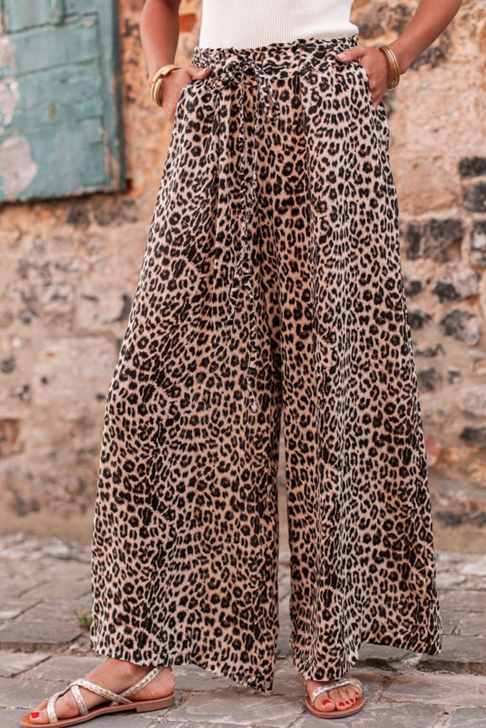 Desert Palm Boho Leopard Print Wide Leg Pants - Babbazon Pants