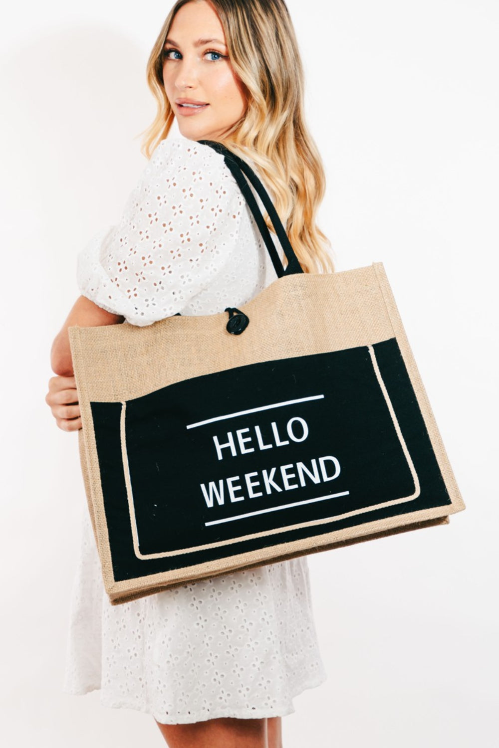 Fame Hello Weekend Burlap Tote Bag 