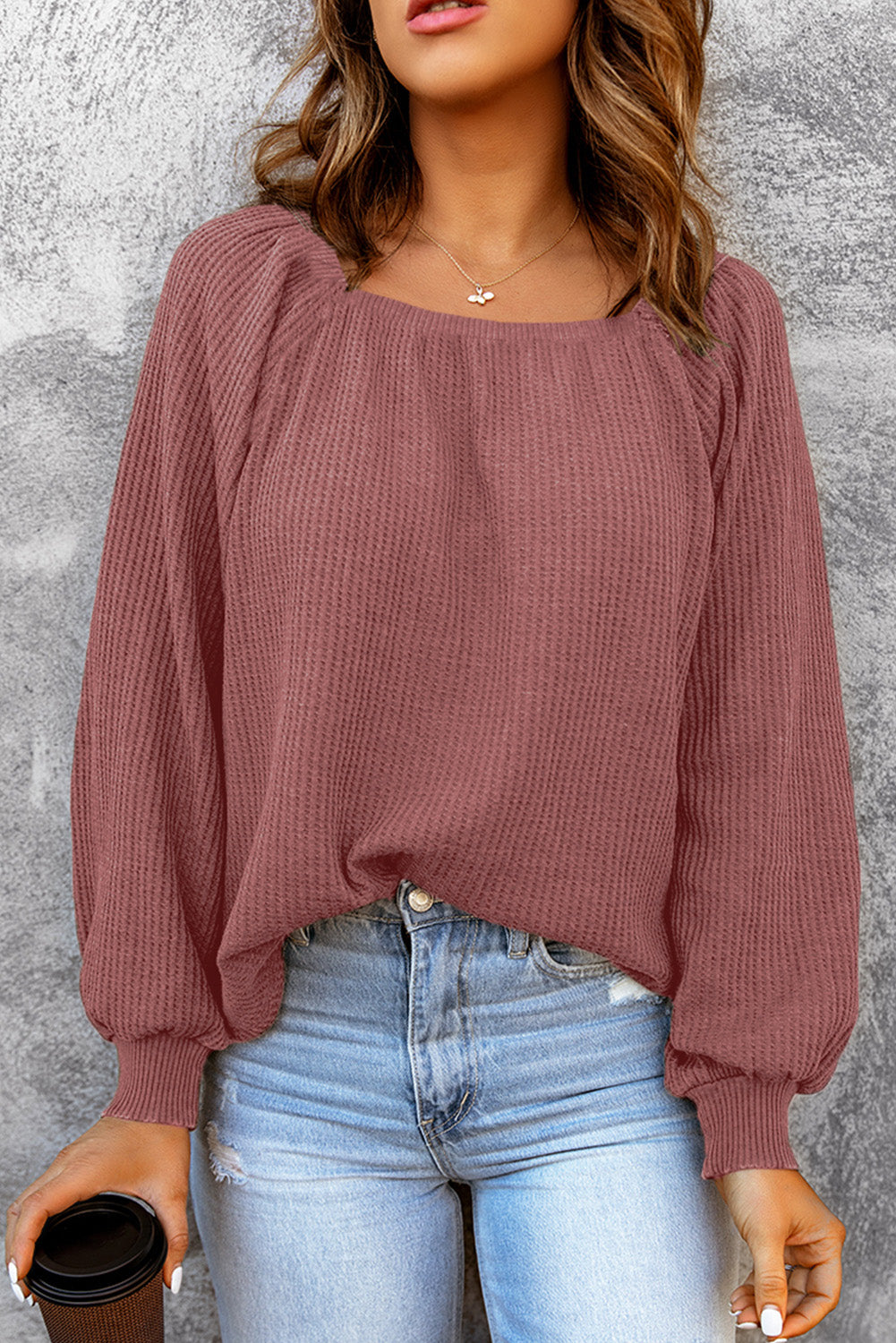 Square Neck Waffle-Knit Top - Babbazon Tops