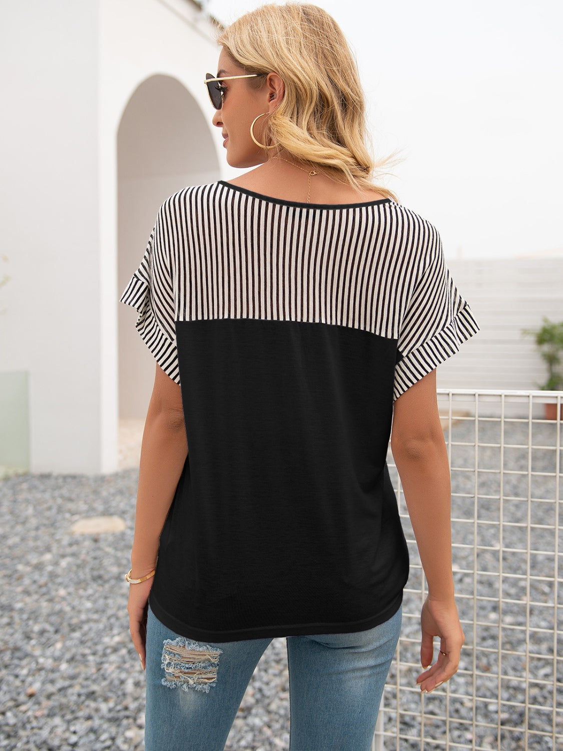 Striped V-Neck Short Sleeve T-Shirt 