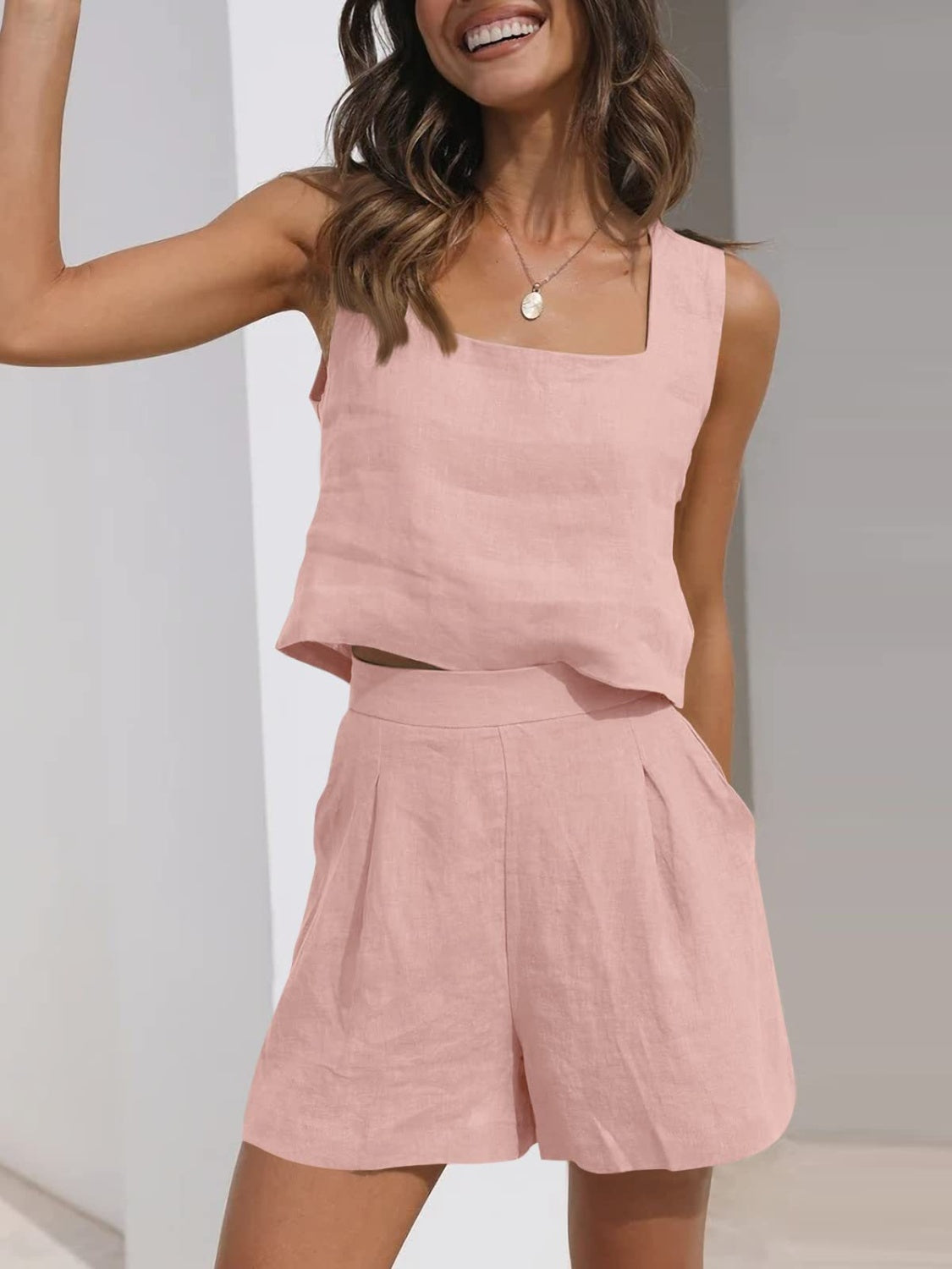 Square Neck Wide Strap Top and Shorts Set - Babbazon new