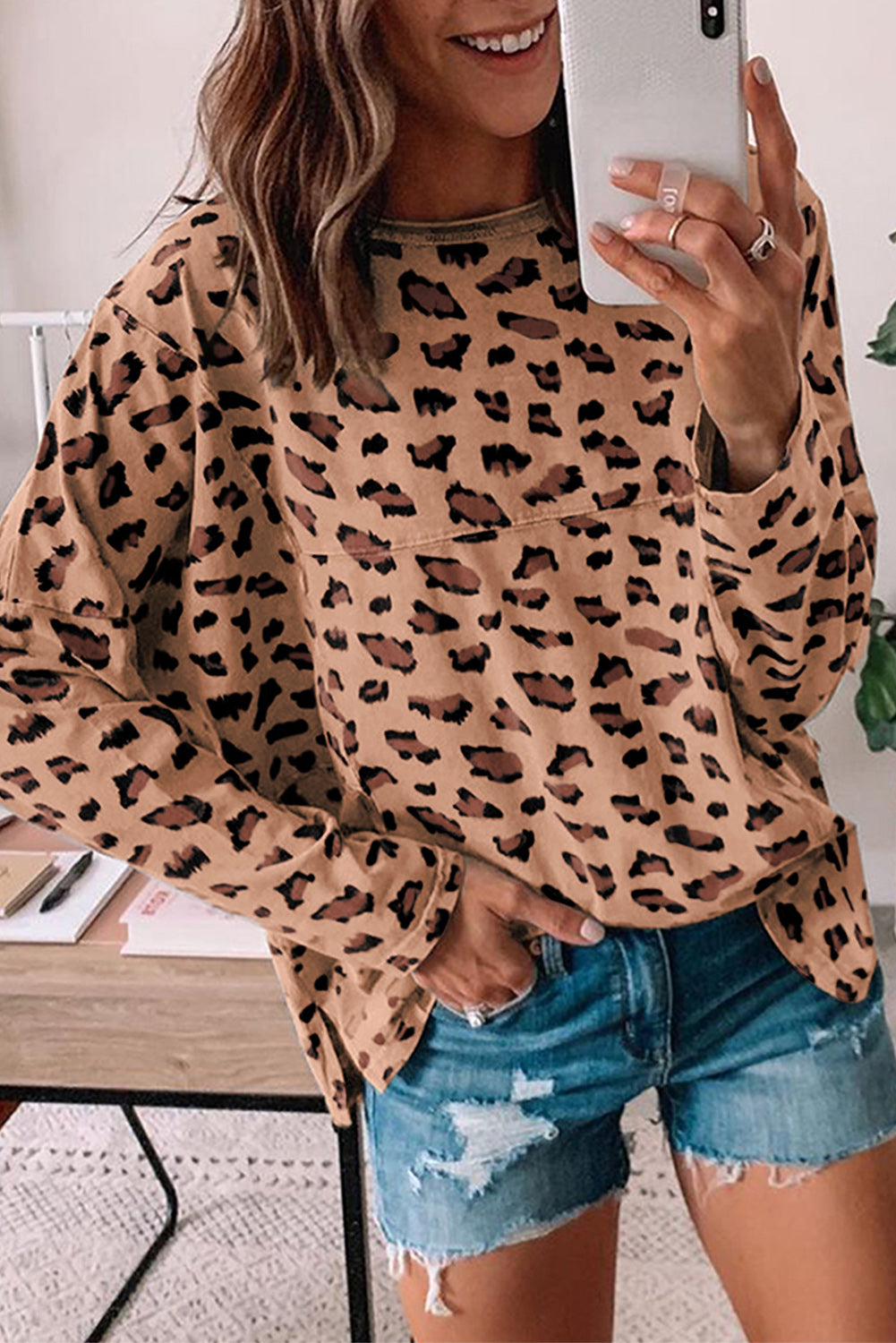 Grey Leopard Stitching Loose Long Sleeve Top - Babbazon Long Sleeve Tops