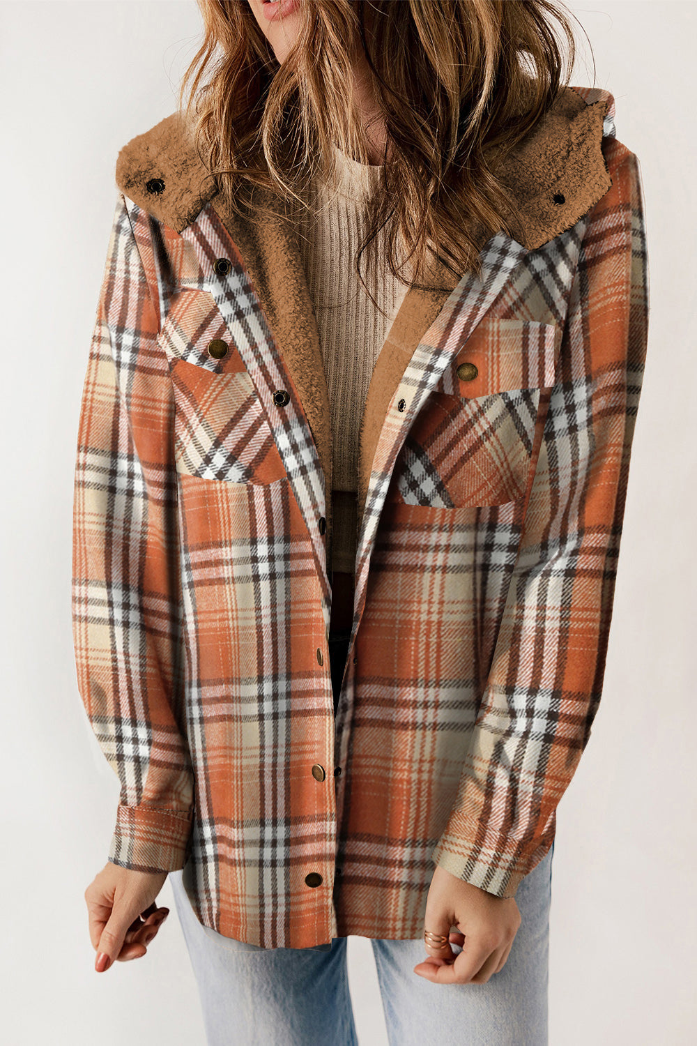 Plaid Snap Down Hooded Jacket - Babbazon Jacket