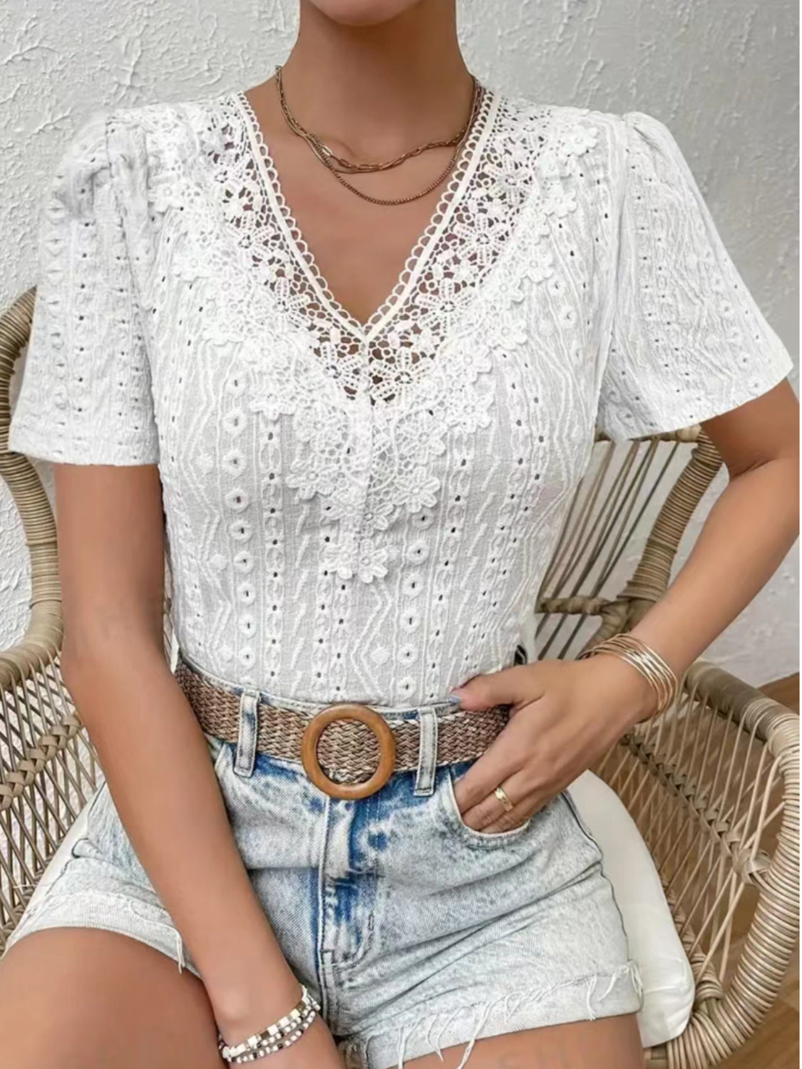 Eyelet Lace Detail V-Neck Short Sleeve Blouse - Babbazon new