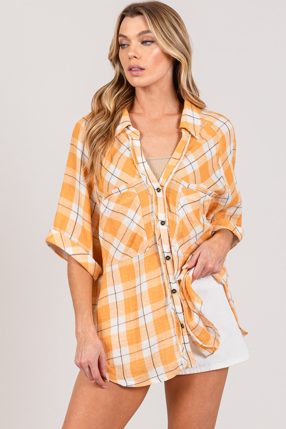 SAGE + FIG Plaid Button Up Side Slit Shirt 