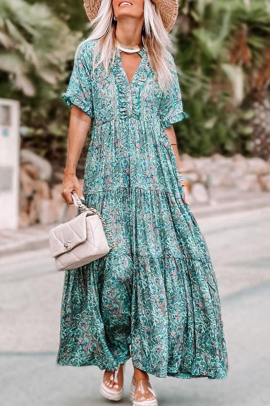 Sky Blue Paisley Print Split V Neck Tiered Boho Maxi Dress - Babbazon Maxi Dresses