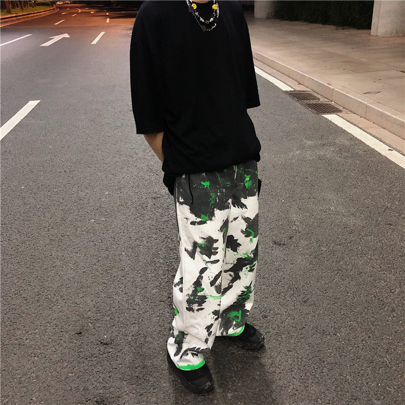 Ink splash graffiti spray paint jeans men's mop wide leg trousers