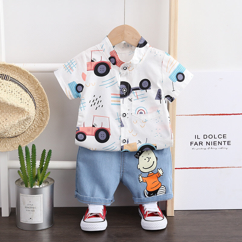 Boys Short-sleeved Suit Summer Shirt Jeans Two-piece Suit